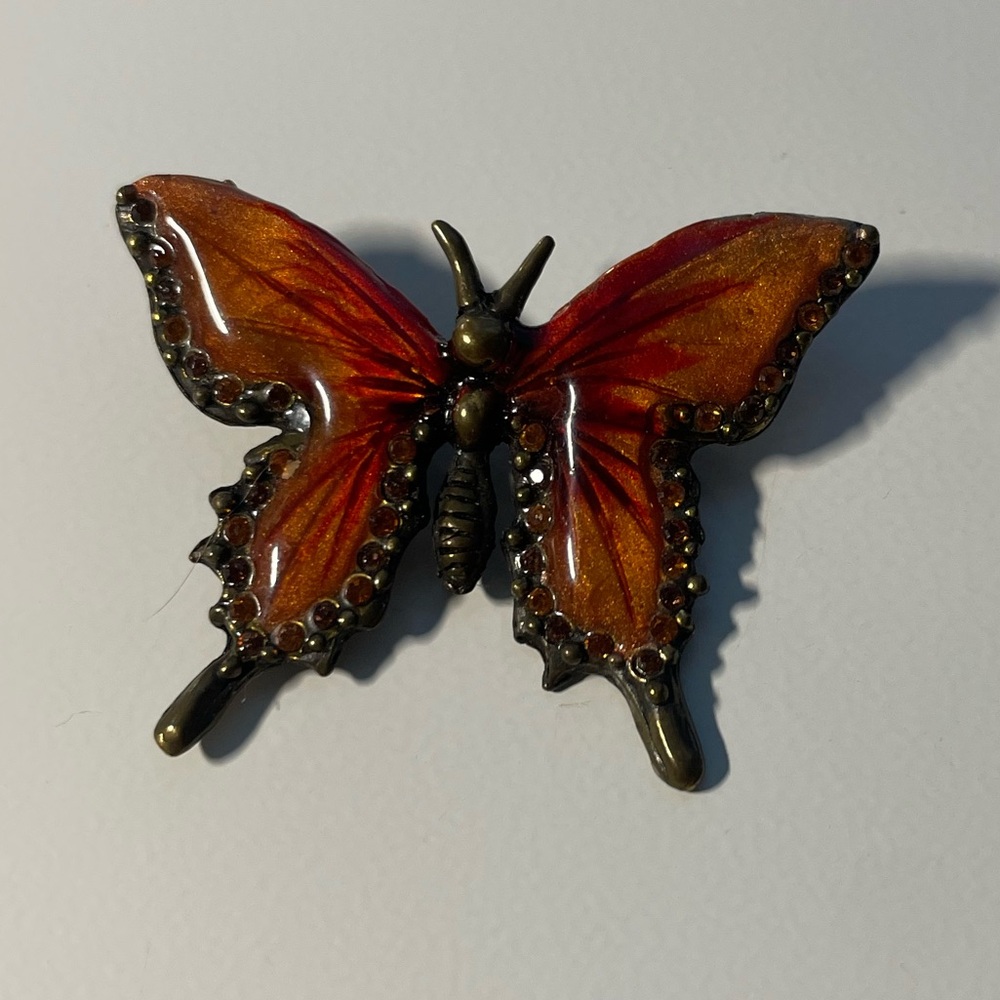 Orange Enamel and Gold Tone Butterfly Brooch with Crystal Details